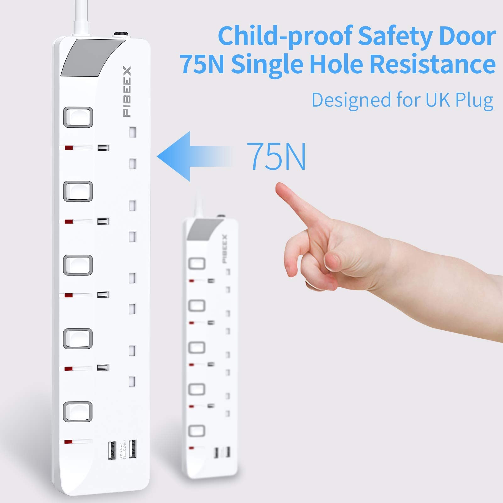 PIBEEX Extension Lead with 4 Way Plug Sockets, 13A, Individual Switches, 2 USB Ports, 2M Extension Cord, 3250W Power Strips for Mounting