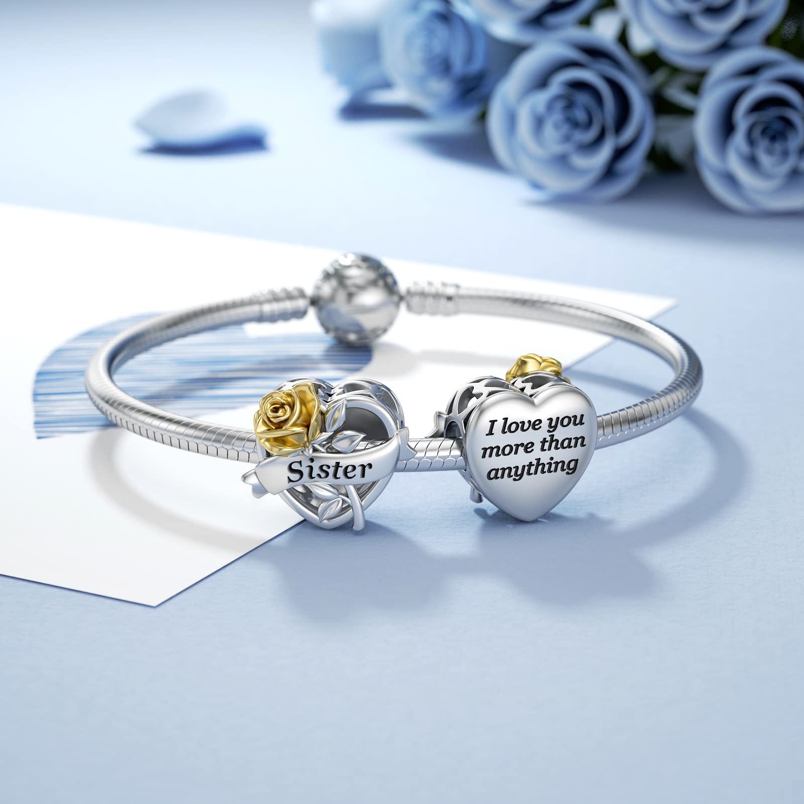 LANBEIDE Sister Charms for Pandora, 925 Sterling Silver Love Heart Beads Charms with Gold Rose for Bracelet Necklace Birthday Gifts for Women