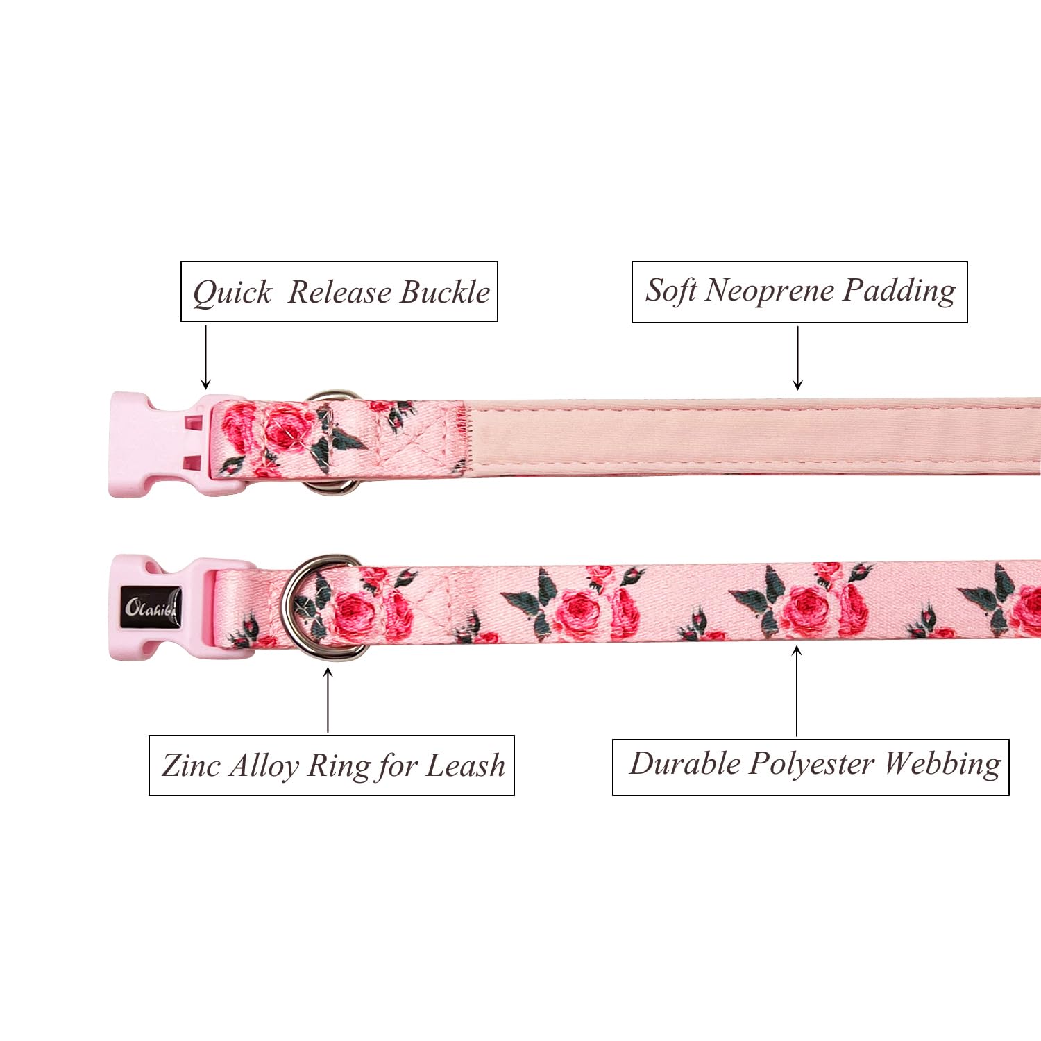 Olahibi Pink Rose Pattern Dog Collar, Polyester Material, with Soft and Comfortable Neoprene Padding,for Small Dogs(S,Pink Rose)