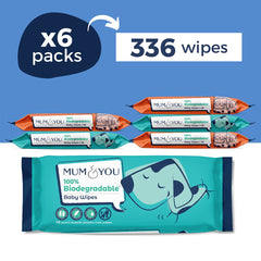 Mum & You 100% Biodegradable Vegan Registered Plastic Free Baby Wet Wipes with Recyclable Packaging, 99.4% Water, 0% Plastic, Hypoallergenic & Dermatologically Tested, 56 Count (Pack of 6)