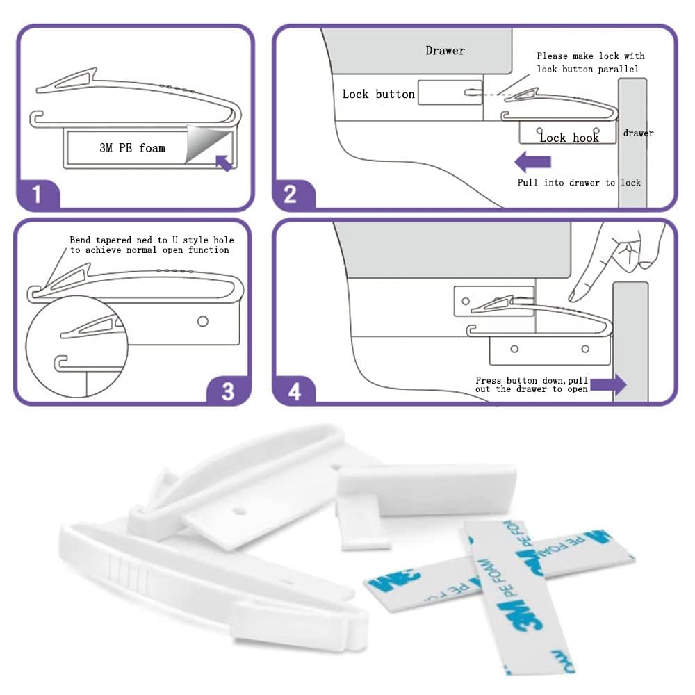 Invisible Drawer Locks Child Safety Locks Baby Proofing Hidden Latches Childproof Cupboard Locks with Strong Adhesive for Cabinet Cupboard and Other Furniture(4Pack)