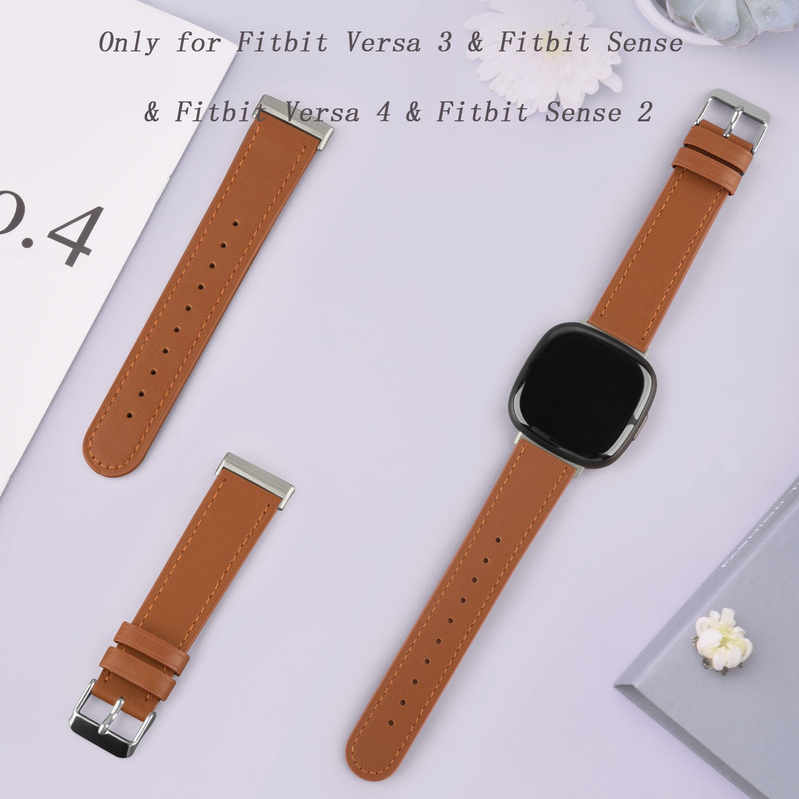 Leather Strap Compatible with Fitbit Versa 3 Straps/Fitbit Sense Strap for Women Men,Genuine Leather Replacement Compatible with Fitbit Versa 3/Fitbit Versa 4/Fitbit Sense 2 (Brown)