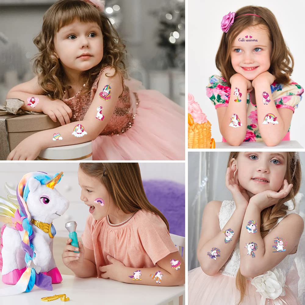 10 Sheets Unicorn Temporary Tattoos Stickers with Cute Unicorn Rainbow Heart Ice Cream for Girls,Temporary Transfer Tattoos for Unicorn Theme Party Girls Birthday Loot Party Bag Filler