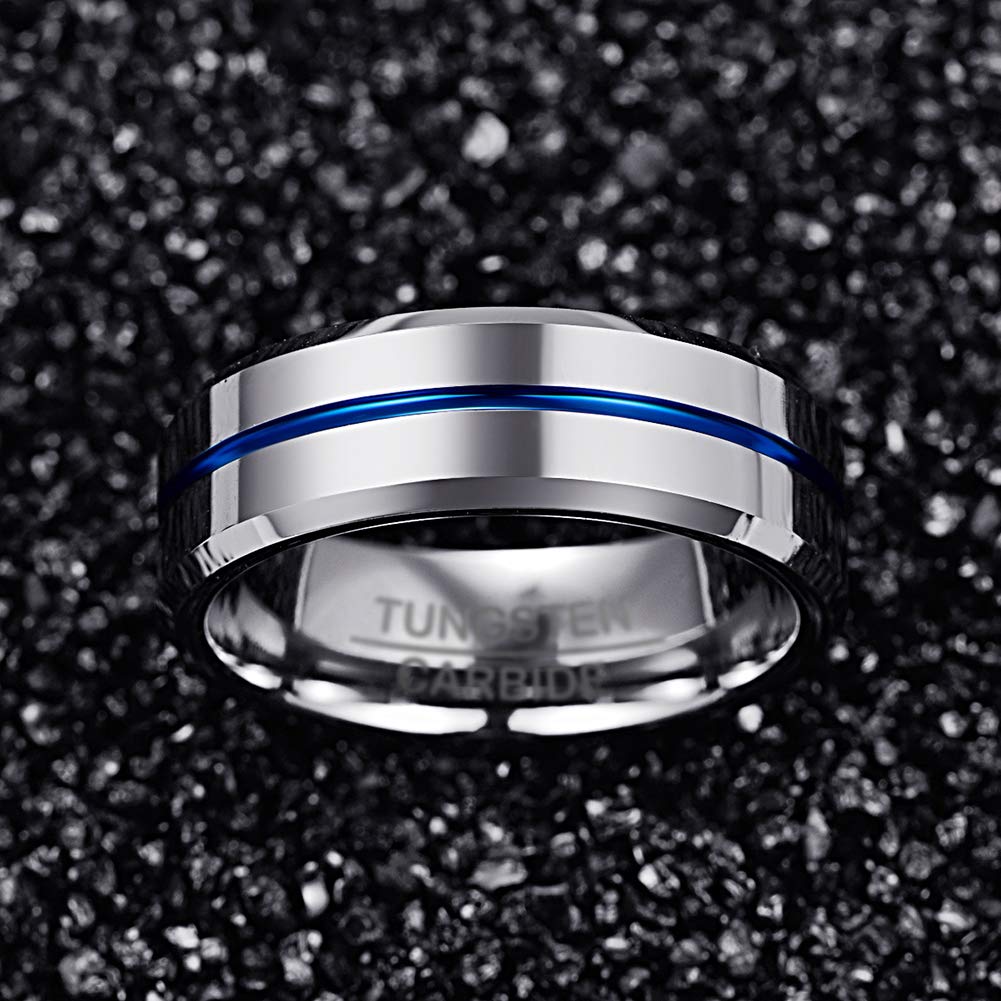 NUNCAD Basic 8mm Tungsten Steel Color Ring Thin Blue Grooved Wedding Band for Men Women Size N