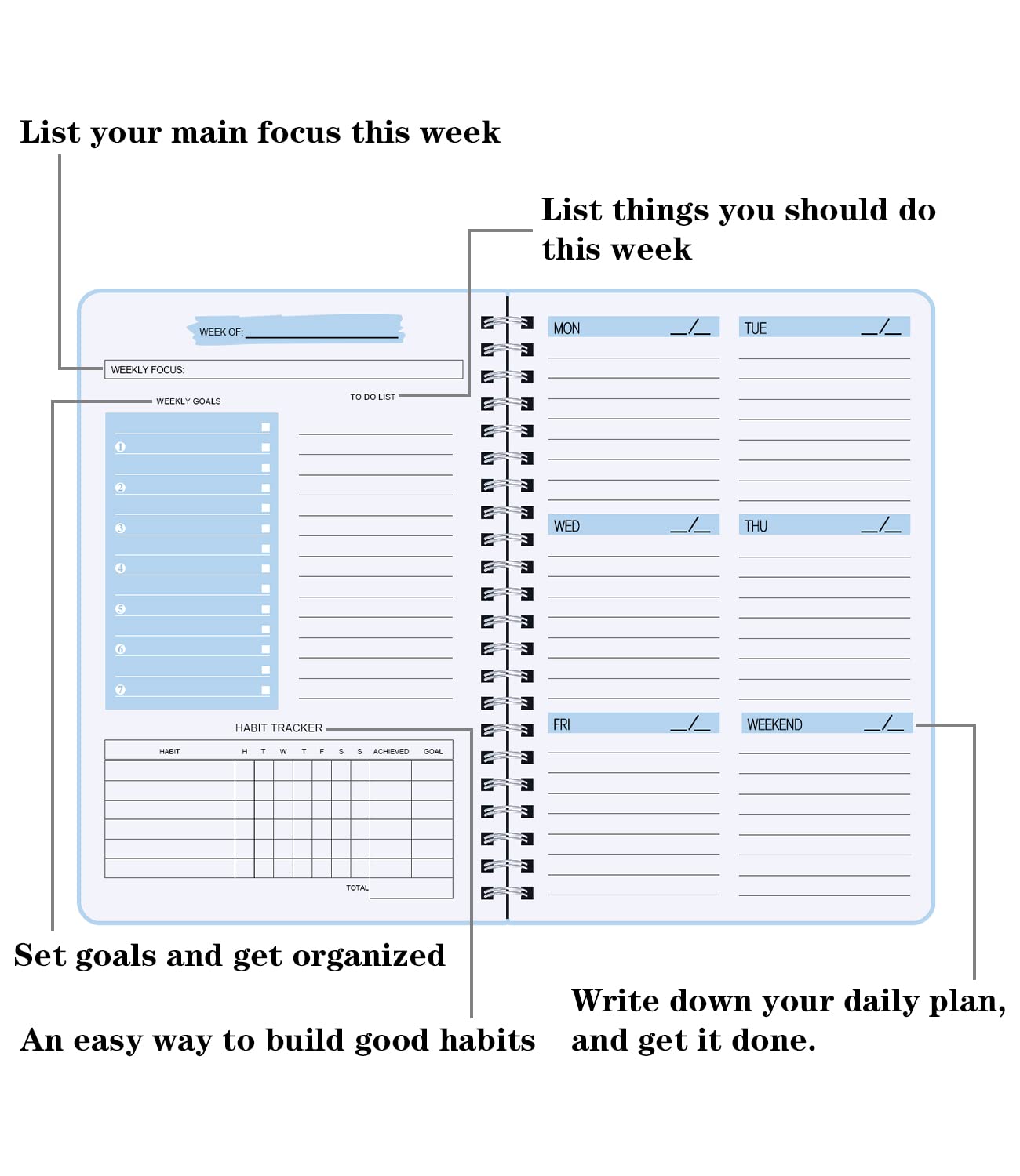 To Do List Notebook, Undated Weekly Planner A5 Diary Planner for College Work with Habit Tracker, Twin Wire Binding, Blue