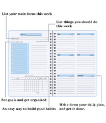 To Do List Notebook, Undated Weekly Planner A5 Diary Planner for College Work with Habit Tracker, Twin Wire Binding, Blue