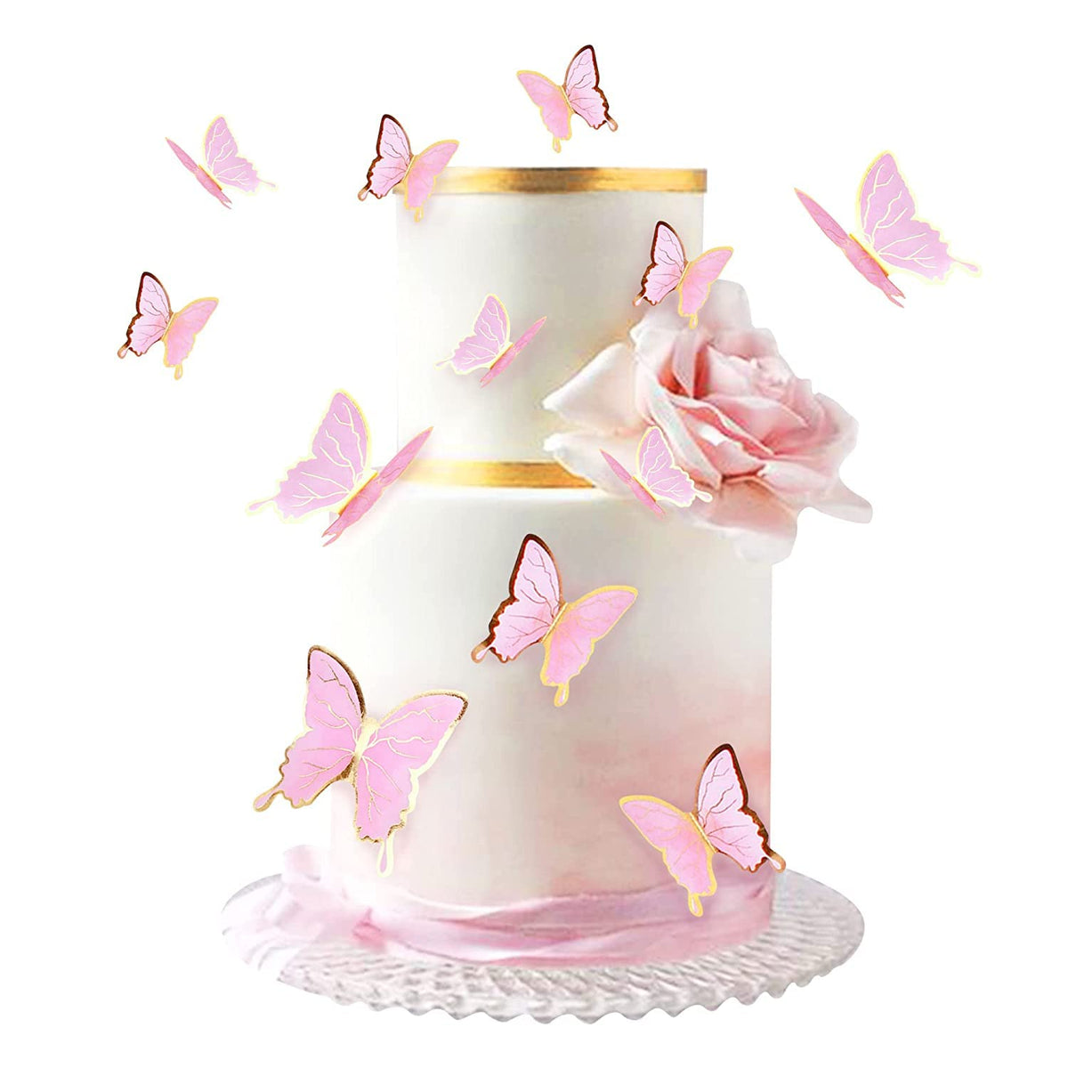 Blumomon 30Pcs Pink Gold Edge Mixed Size Lively 3D Swllowtail Butterfly Cupcake Topper for Girls Women's Happy Birthday Wedding Party Cake Wall Party Food Decorations