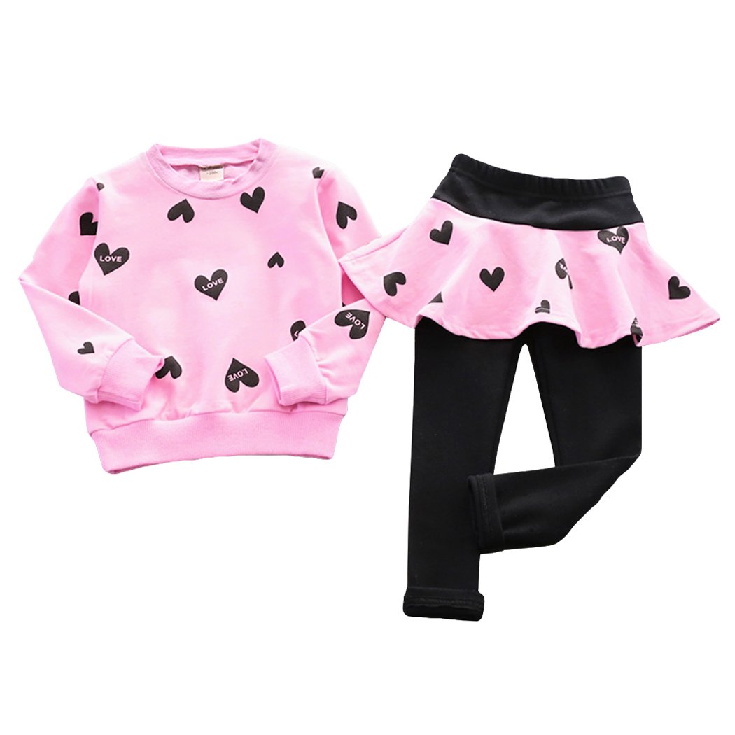 DHASIUE Girls Toddler Cute Outfits Clothing Set Hearts Print Long Sleeve Sweatshirt T-Shirt Tops & Pantskirt Skirt Leggings Trousers Age 7-8 Years