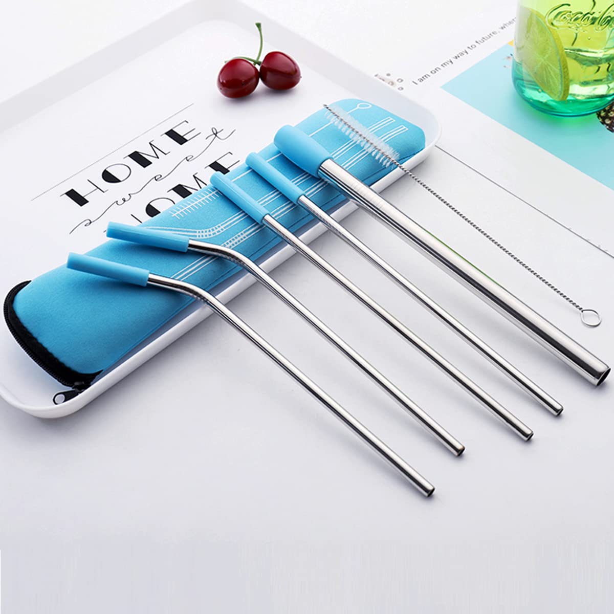 Uoking Metal Straw, 5 Pack Stainless Steel Straws Friendly Drinking Reusable Straw with Silicone Tips Cover & 1 Cleaning Brushes (Blue)