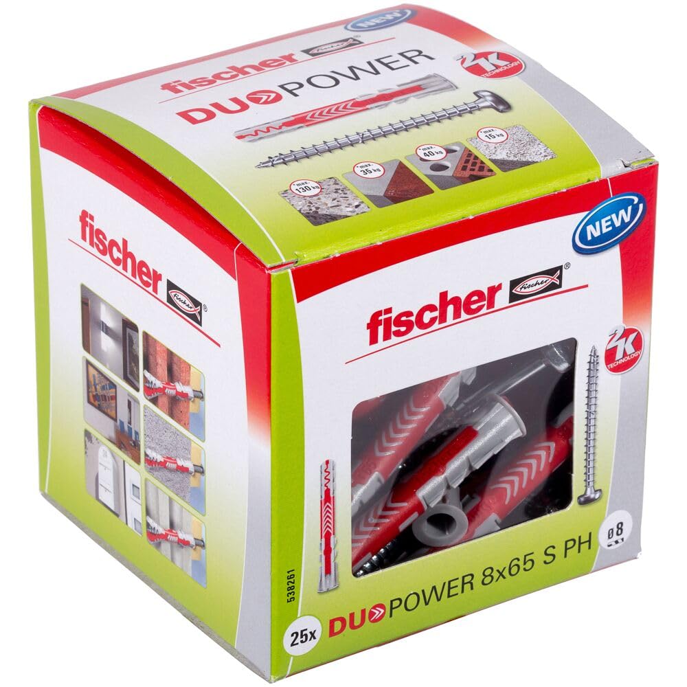 fischer DuoPower 8 x 65 S PH, powerful universal plug with panhead screw, intelligent 2-component technology for fastenings in concrete, bricks, stone, gypsum plasterboard, etc., 25 plugs & 25 screws