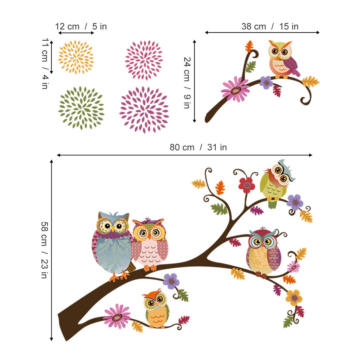 decalmile Colorful Owl Wall Stickers Animals on Tree Branch Wall Decals Baby Nursery Kids Bedroom Wall Decor