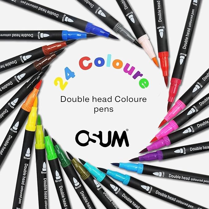 OSUM Colouring Pens wallet of 24   Felt fine tip Pens and Fineliners   Coloured Pens, Dual tip brush pens Art Supllies for Colouring Painting Sketching Highlighting