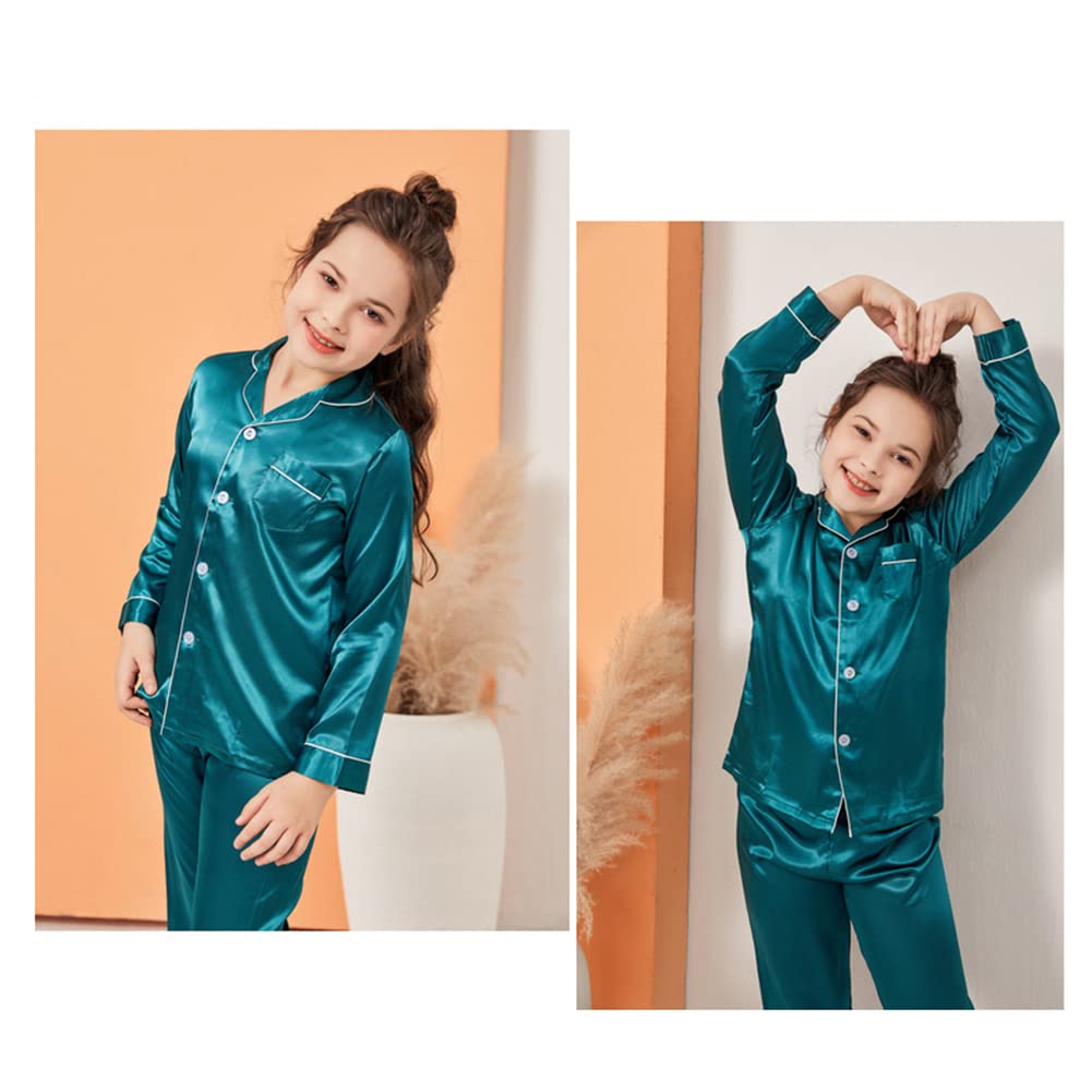 PythJooh Girls Satin Pyjamas Sets Girls Boys Long Sleeve Button-Down Pjs Set 2PCs Silky Nightwear Sleepwear for 3-14Years Green