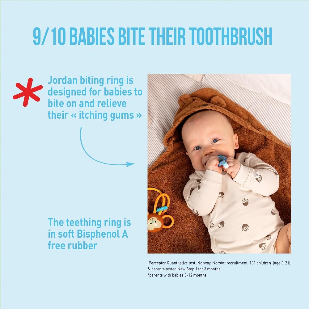 Jordan ®   Step 1 Baby Toothbrush   Baby Toothbrush 0-2 Years   The Original Toddler Toothbrush with Extra Soft Bristles & Soft Biting Ring for Babies Gums and Easy Grip   Pack 4 Units