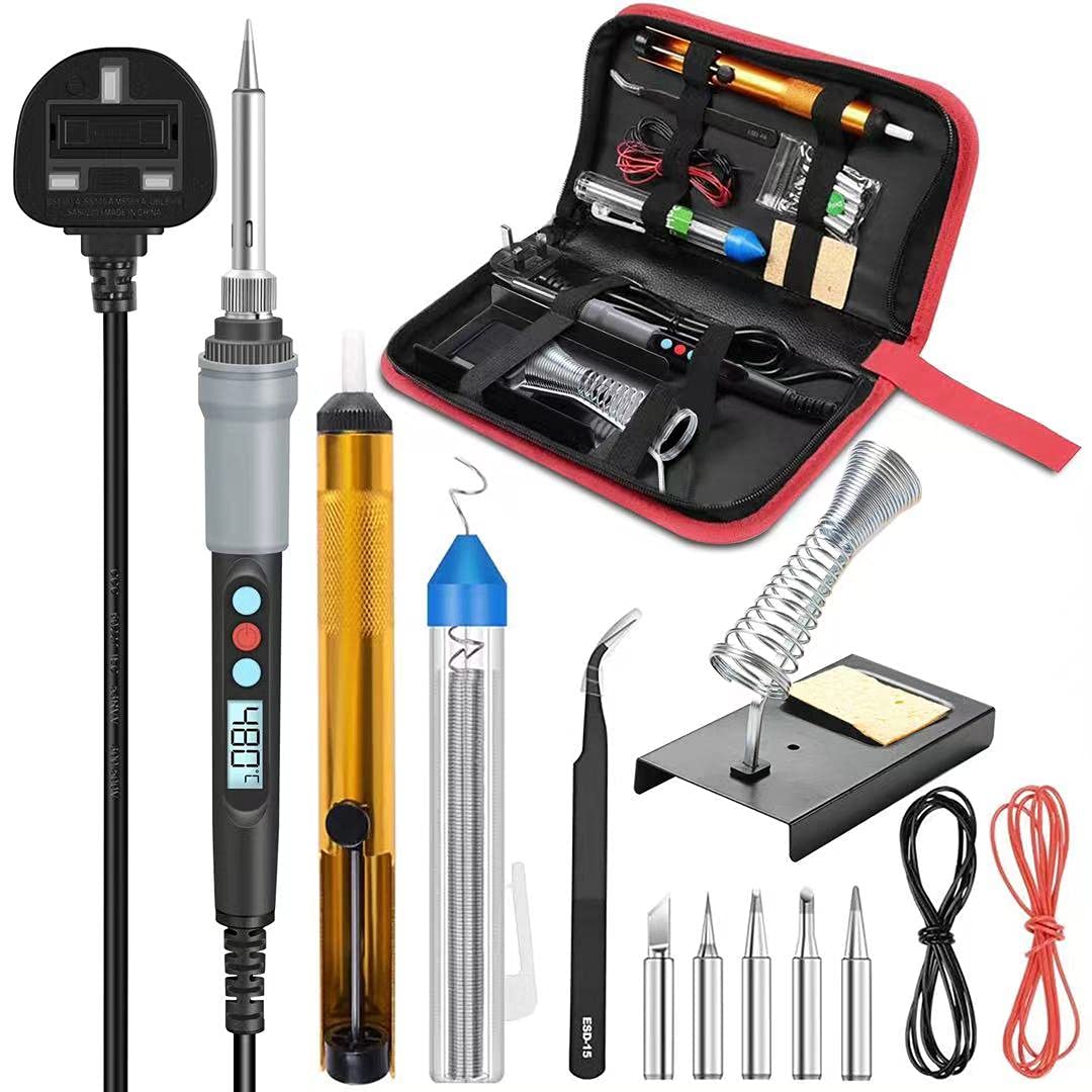 Soldering Iron Kit, 90W Adjustable Temperature Soldering-Iron Gun Kit Welding Tool with 5 Soldering Tips, Desoldering Pump, Tin Wire Tube, Soldering Iron Stand, Tweezers