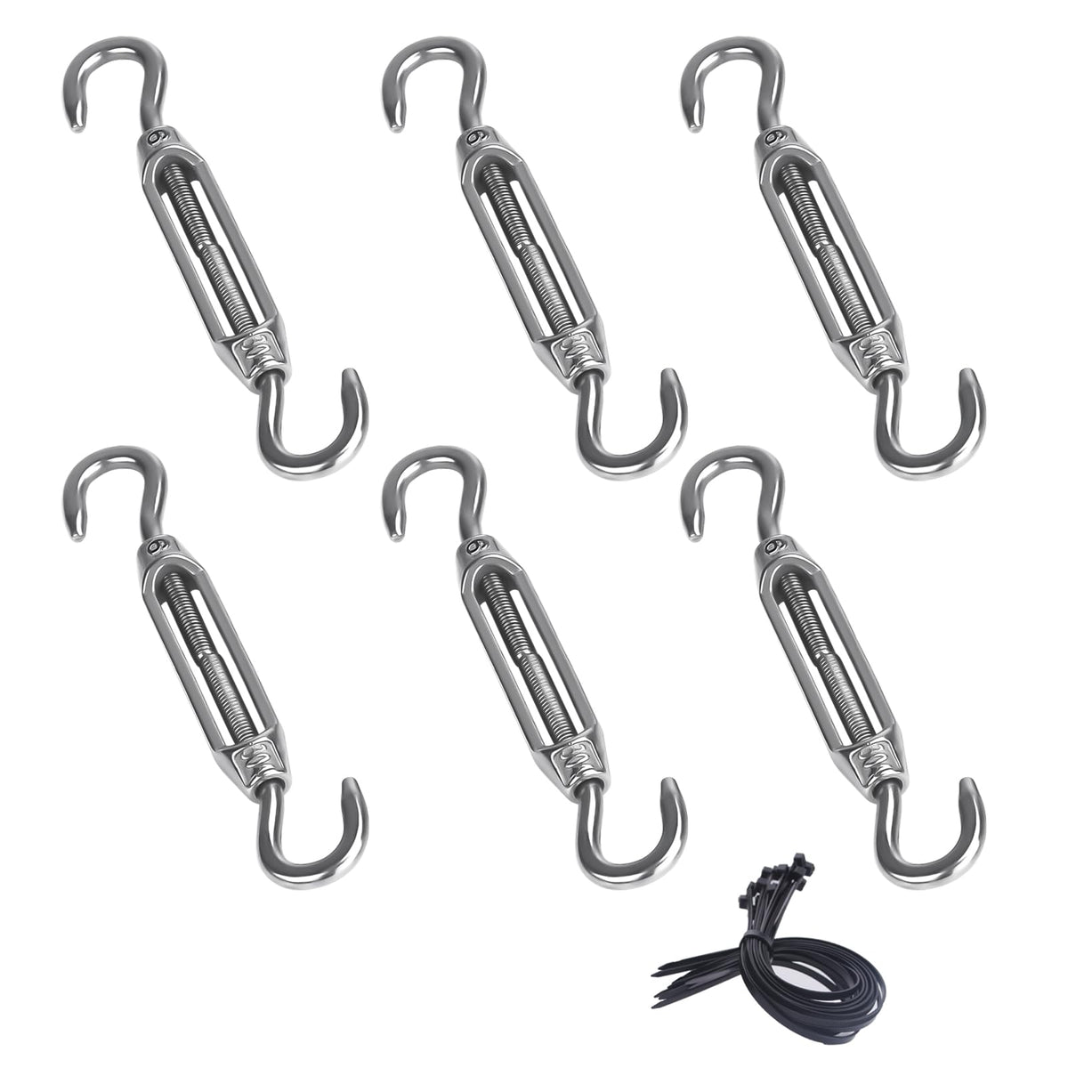 Fwilo Turnbuckle Wire Tensioner 6 Piece Set 304 Stainless Steel M6 Hook/Hook Adjustable Tension 10 Cable Ties Ideal for Awnings Clotheslines Sunsails Outdoor Climbing and More