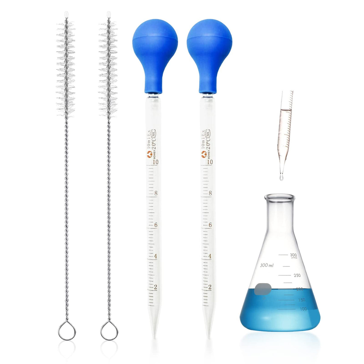 2Pc 10ml Glass Scale Line Dropper Pipette Lab Dropper Dropping Pipettes Dropping Pipet with Blue Rubber Head and 2Pc Cleaning Brush, Pipettors Glass Pipette Dropper Glass Liquid Dropper for Lab School