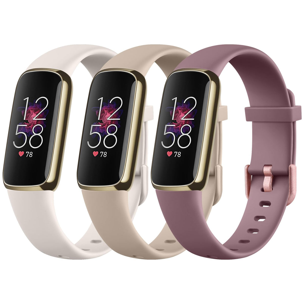 Oumida Pack 3 Straps Compatible with Fitbit Luxe Strap for Women Men,Soft Silicone Adjustable Sport Replacement Wrist Bands for Fitbit Luxe (Small, Starlight/Smoke Purple/Milk Tea)