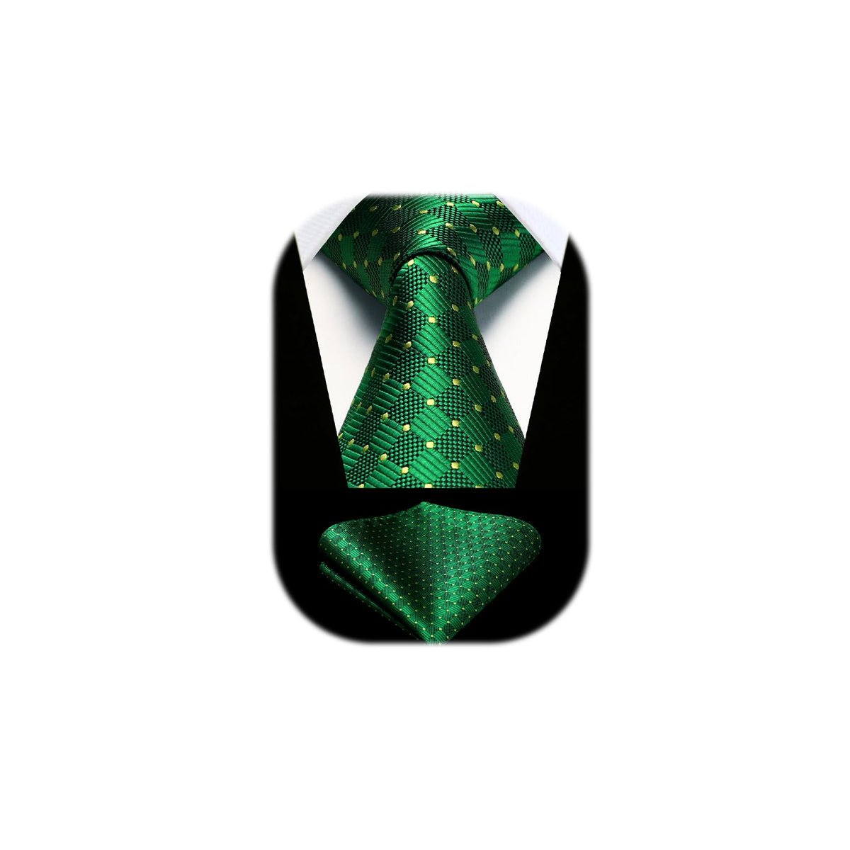 HISDERN Emerald Green Ties for Men Check Forest Green Neck Tie and Pocket Square Set for Wedding