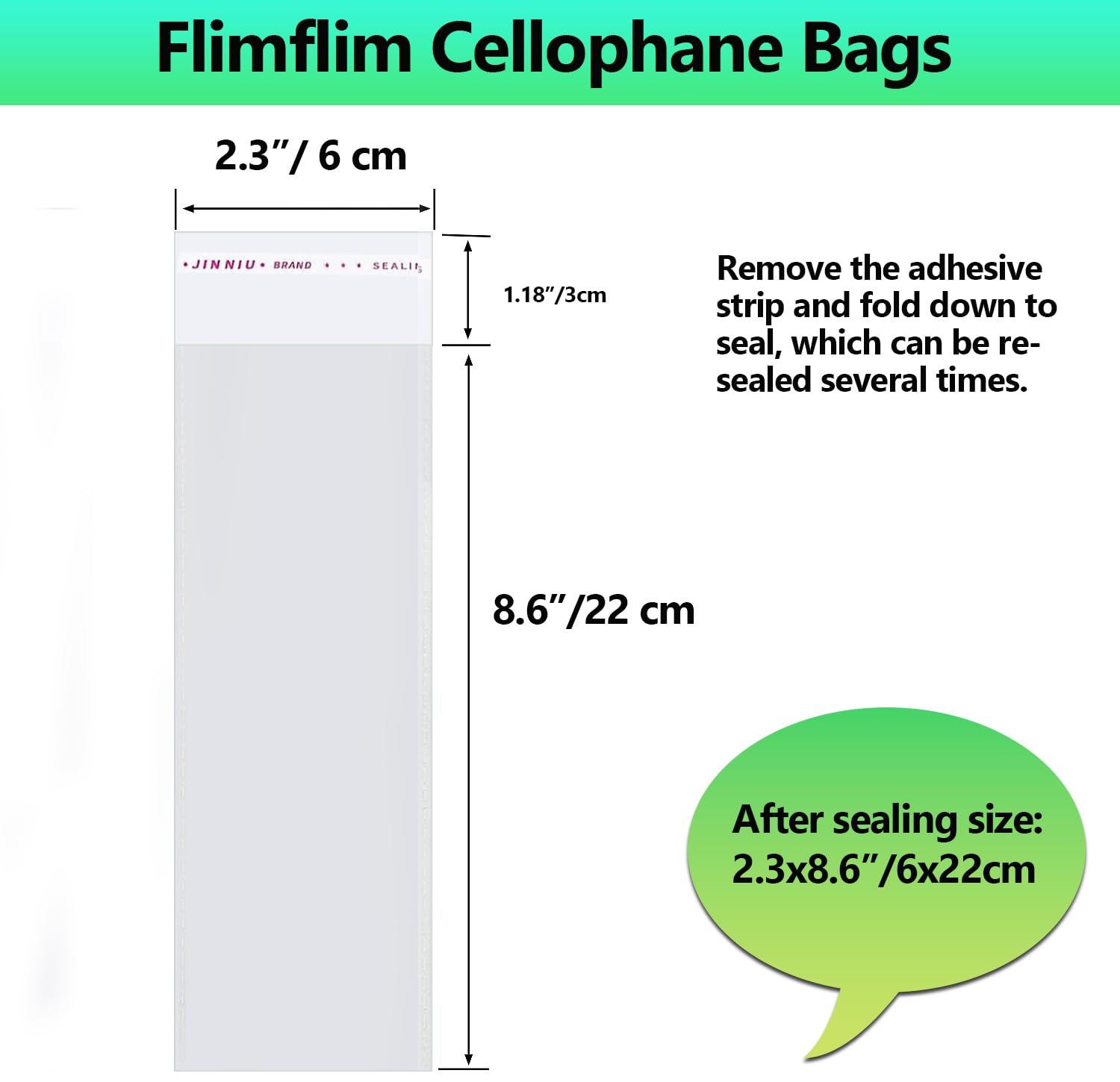 Flimflim Cellophane Bags Long, 2.3X8.6 inches Self Seal Clear Plastic Bags for Bookmark Cookie Bar Knife Fork Pen Sweet Chocolate, Multipurpose Cello Bags 100pcs