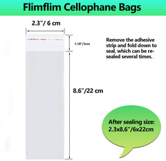 Flimflim Cellophane Bags Long, 2.3X8.6 inches Self Seal Clear Plastic Bags for Bookmark Cookie Bar Knife Fork Pen Sweet Chocolate, Multipurpose Cello Bags 100pcs