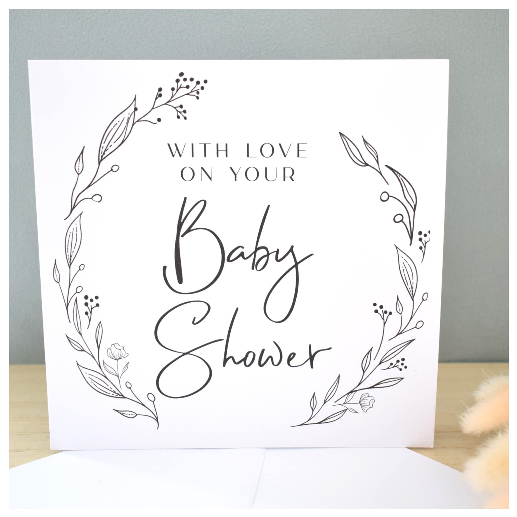 Baby Shower Card. Pregnancy Congratulations. Mummy To Be Card. Neutral Floral Wreath. 148mm Square Modern Greeting Card