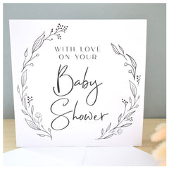 Baby Shower Card. Pregnancy Congratulations. Mummy To Be Card. Neutral Floral Wreath. 148mm Square Modern Greeting Card