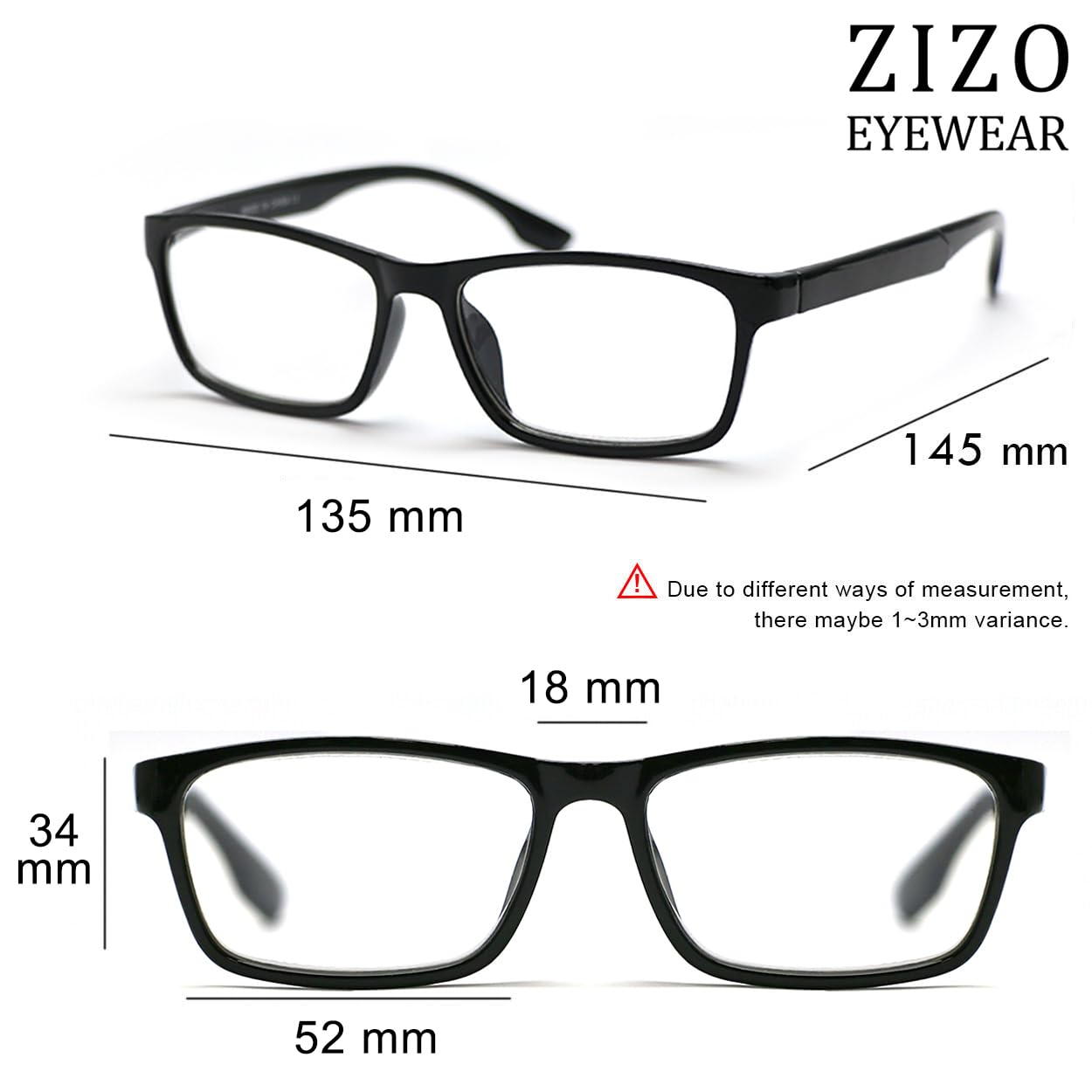 ZIZO EYEWEAR Square Plastic Plain Reading Glasses/Lightweight Frame/Simple Classic Specs R224 (1 Pair Black, 1.00 Magnification)