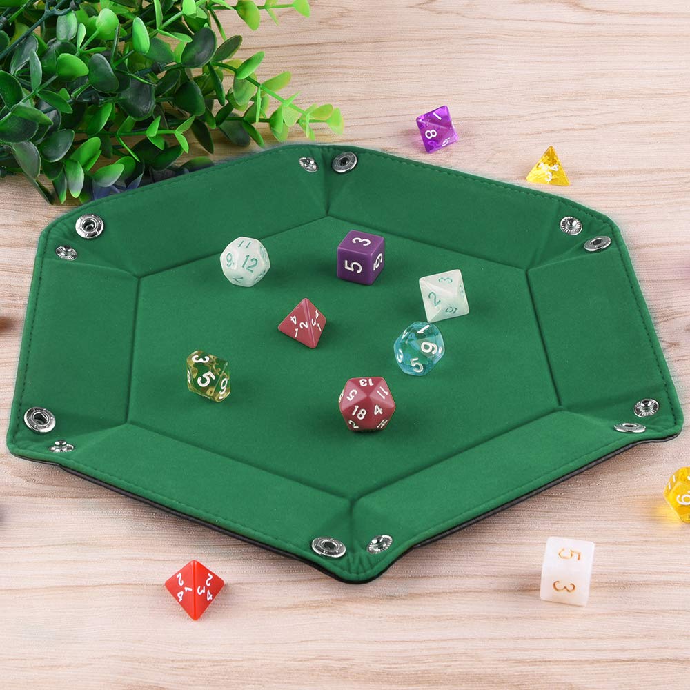 SIQUK Double Sided Dice Tray, Folding Hexagon PU Leather and Dark Green Velvet Dice Holder for Dungeons and Dragons RPG Dice Gaming D&D and Other Table Games