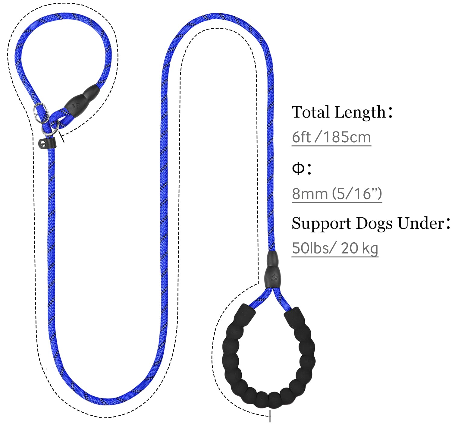 TagME Slip Rope Dog Lead for Puppy,1.8m Reflective Slip Leads with Soft Padded Handle, 12 Colors Slip-On Nylon Leash for Training/Walking, Navy Blue