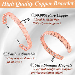 Cigmag 12X Lymphatic Drainage Copper Magnetic Bracelet for Women 99% Solid Pure Copper Ultra Strength Magnet Adjustable Brazaletes Cuff Bangle with Gift Box (Rose Gold)