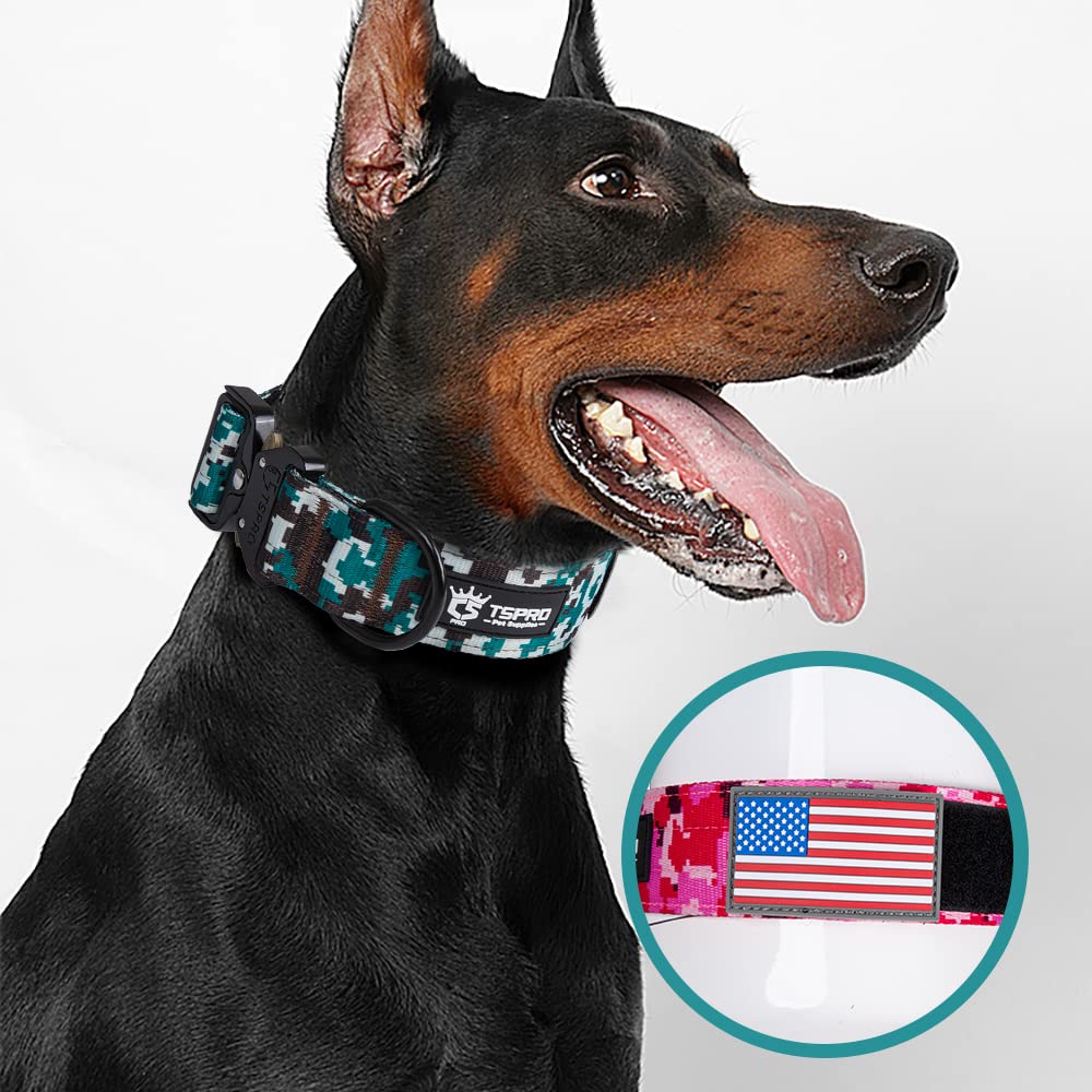 TSPRO Premium Camouflage Dog Collar with fluorescence Patch, Thick and Adjustable, Quick Release Metal Buckle, Suitable for Small, Medium, or Large Dogs (Camouflage Cyan-L)