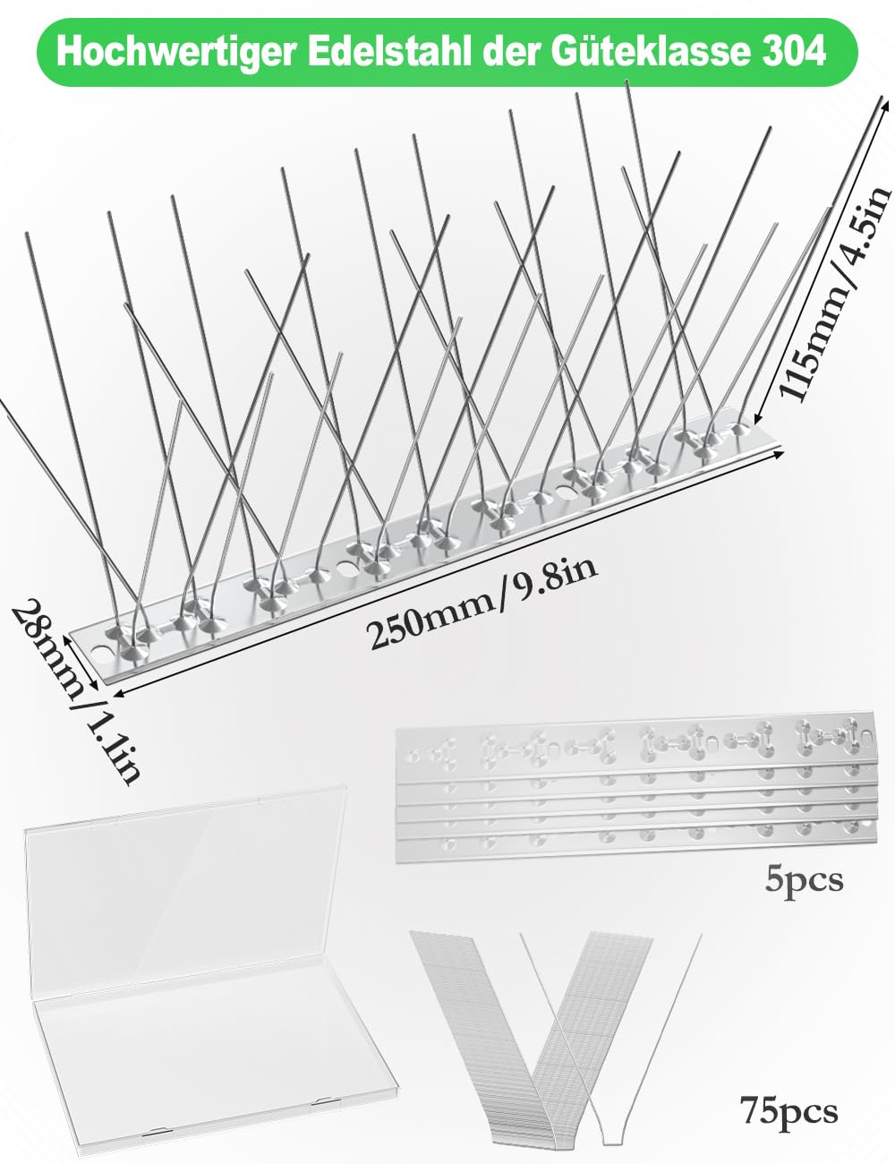 wohohoho Bird Spikes for Pigeons with Stainless Steel Base, 1.25M (4.1ft) Pigeon Spikes for Roofs and Windows. Bird Control Anti Pigeon Spikes Bird Deterrent Set for Crows, Seagulls and Small Birds