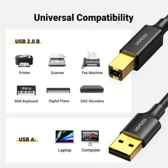 UGREEN Printer Cable, USB A to B Lead 24K Gold Plated, USB 2.0 to USB B Cable, USB Type B Male Scanner Printer Cord Compatible with Epson HP Canon Envy Lexmark Dell Brother Printer DAC Xerox etc(2M)