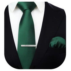 HISDERN Dark Green Solid Color Wedding Tie and Pocket Square, Classic Tie Clip Set for Men-Multiple Colors