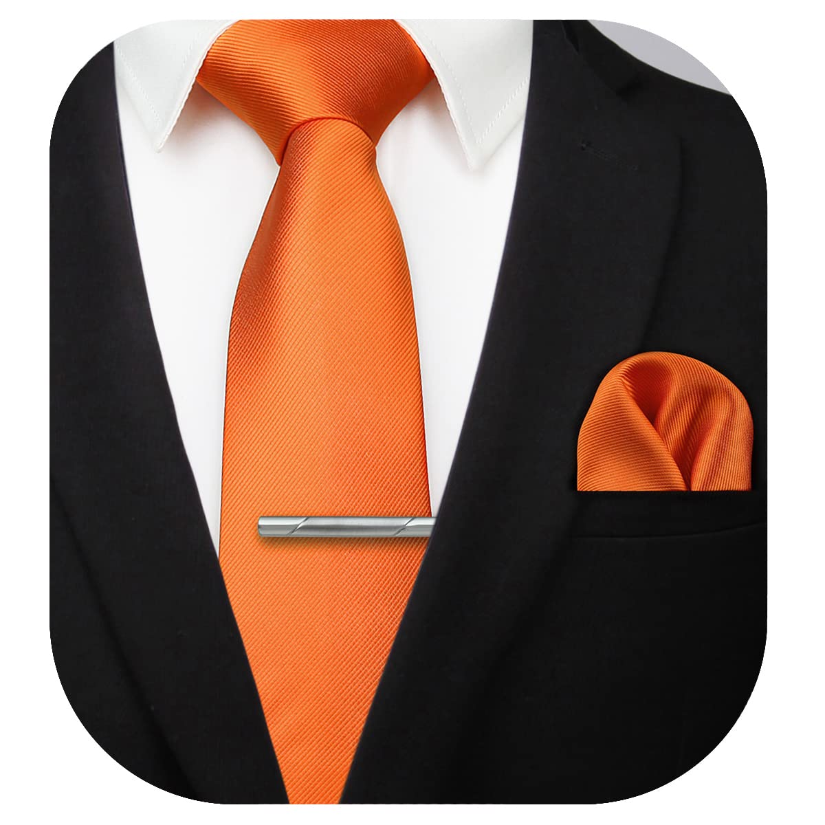 HISDERN Orange Solid Color Wedding Tie and Pocket Square, Classic Tie Clip Set for Men-Multiple Colors