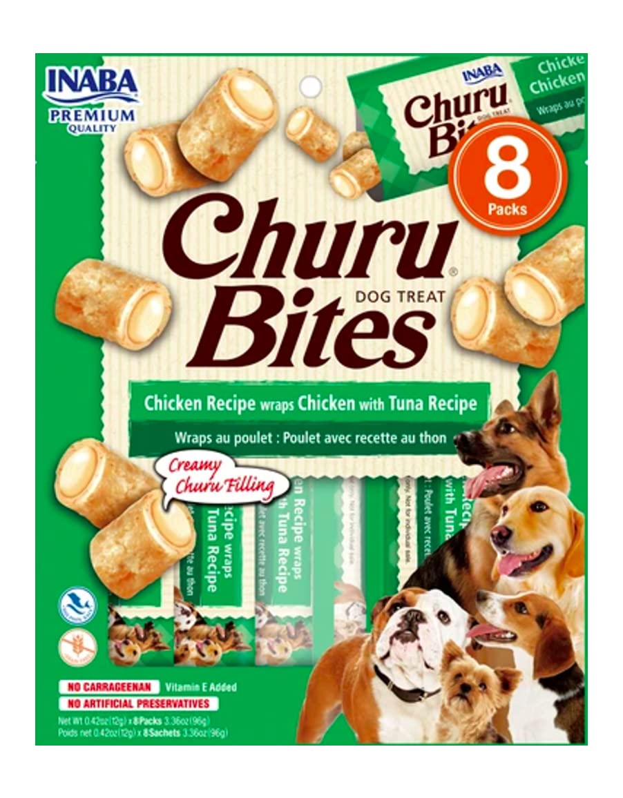 Churu Bites by INABA Dog Treat - Chicken & Tuna Flavour (8 x 12g) / Crispy Pouches with Creamy Filling Dog Treat, Delicious & Healthy Snack for Dogs, Training Treat, Natural, Grain Free