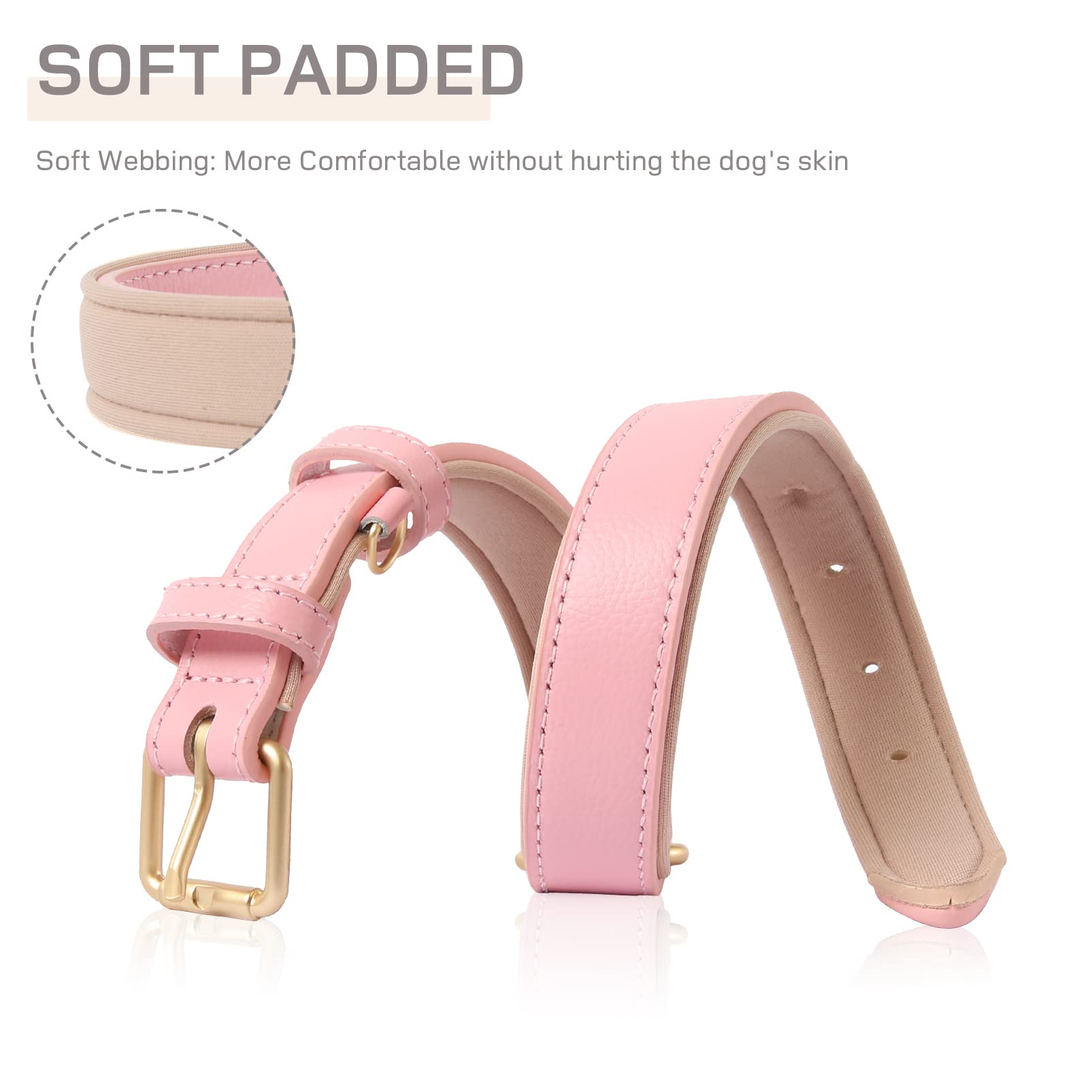 HEELE Soft Leather Dog Collar Puppy Small Dogs Breathable Padded with D Ring, Adjustable Classic Dog Pet Collar, Pink, XS