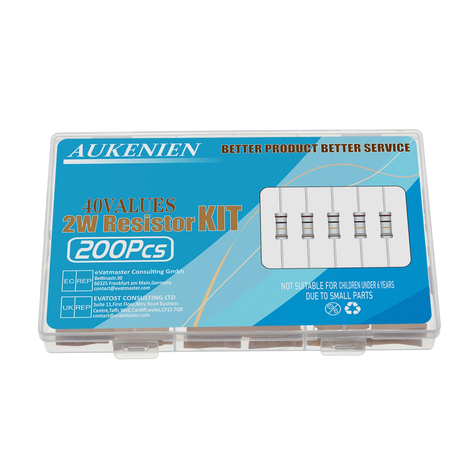 AUKENIEN 2W Carbon Film Resistor Assortment Kit 40 Values 200pcs 2 Watt 1 Ohm to 1M Ohm Resistors Set 2Watt Common Resistors Assorted RoHS Compliant with ±5% Tolerance