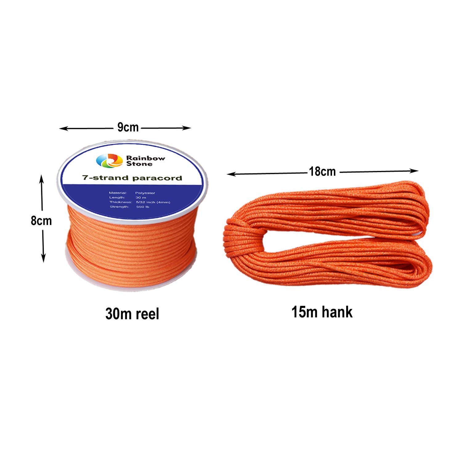 RainbowStone Paracord 7-Strand 550lb Strength 4mm utility rope 15m Hank Radish Orange