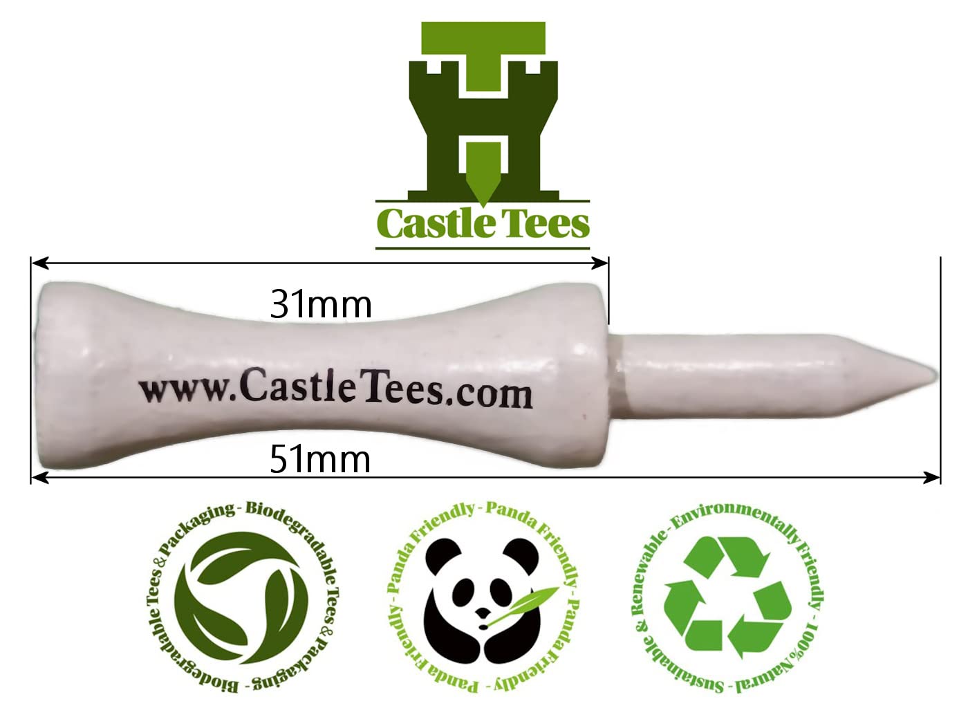 Castle Tees White 40 x 51mm 2 inch White Premium Bamboo Golf Tees with a Free Ball Marker & Free Pencil. Twice the strength of regular bamboo very strong & durable & a Great Golf Gift.