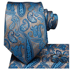 Dubulle Mens Silk Ties Extra Long Blue and Brown Paisley Set Neckties Pocket Square Cufflinks Wedding Party