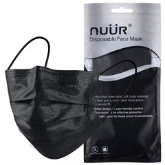 NUÜR 10pcs 3 Ply Disposable Face Mask, Mask with Filter Layer and Elastic Earloop, Retail Sealed bags, Black