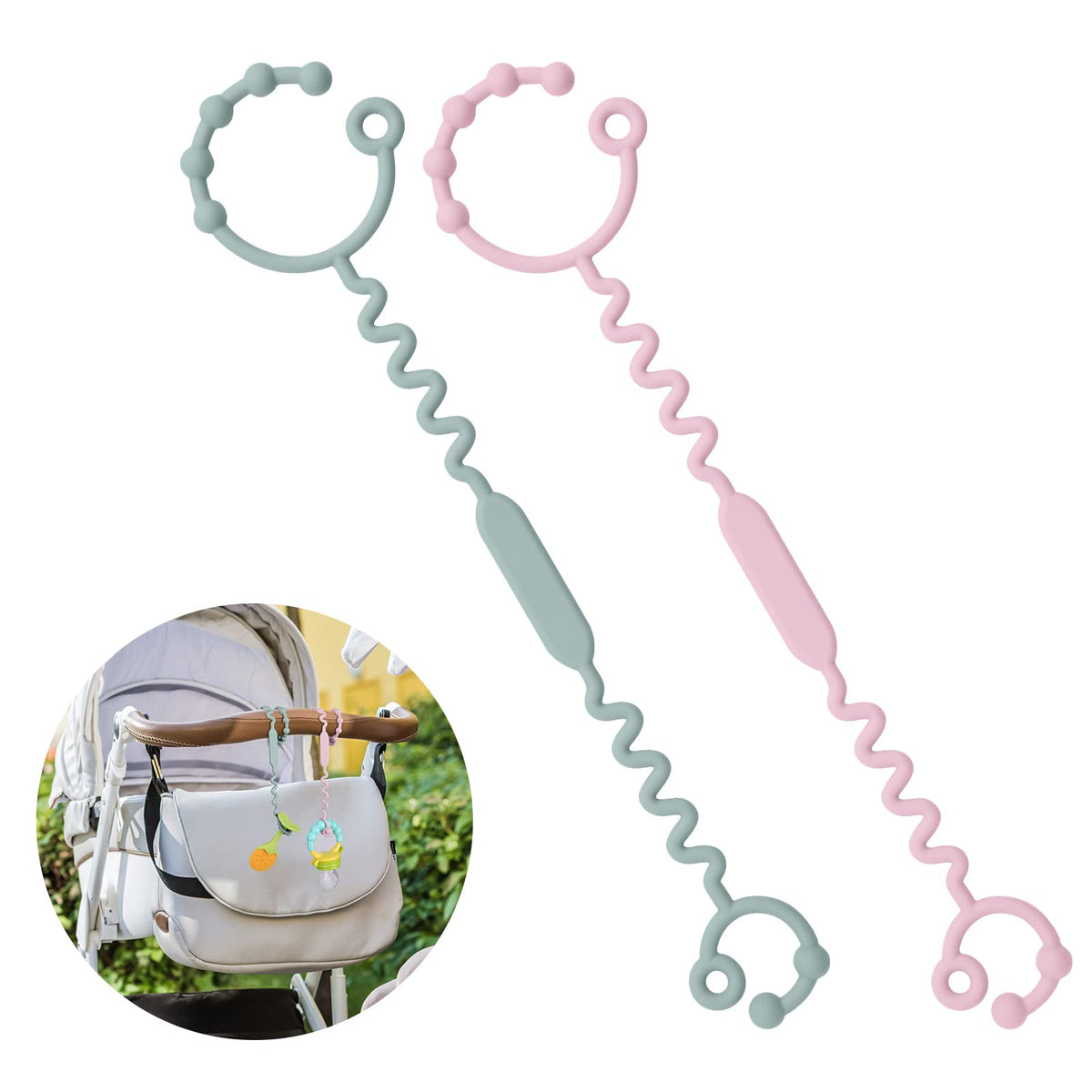 Vicloon Silicone Toy Clip, 2Pcs Toy Safety Straps, Food Grade Silicone Pacifier Clips Sippy Cup Strap, Adjustable Stroller Pacifier Strap Hanging Toys, Baby Toy Anti Drop Chain (Pink/Grey)