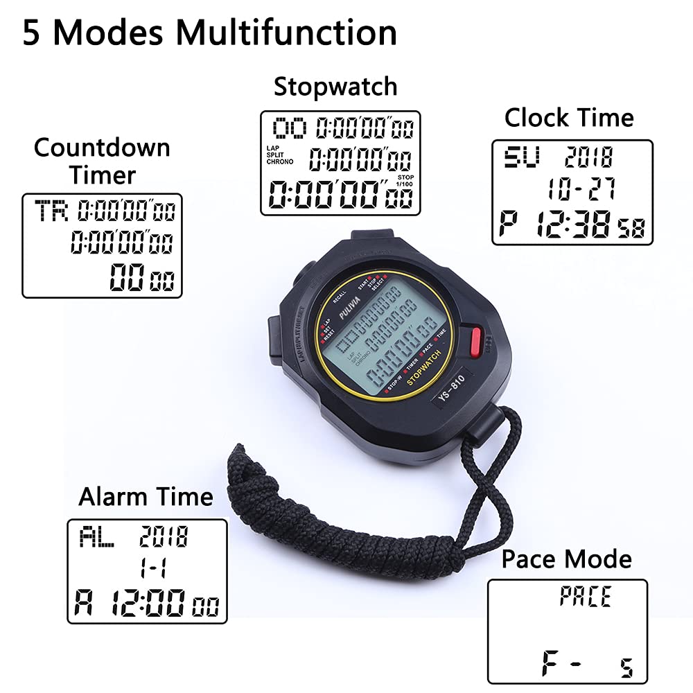 PULIVIA Stopwatch Sports Timer 10 Laps/Splits Digital Stopwatch with Recall Countdown Timer Clock Alarm Calendar, Large Display Stopwatch for Coaches Swimming Running sport Training