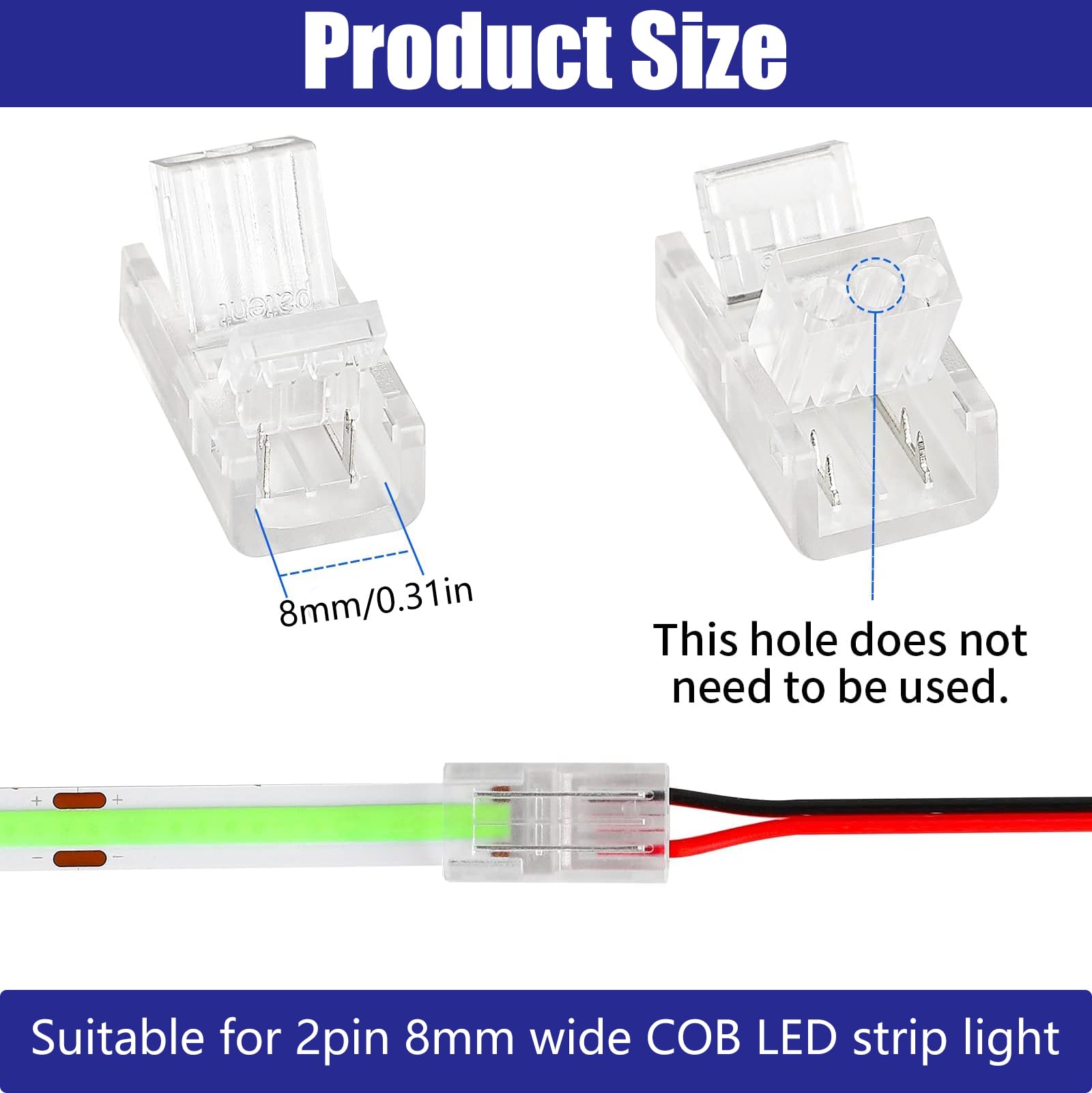 Bothfox 10 PCS 2 Pin COB LED Strip Connectors Soldless with 16.4ft Extension Cable 22 AWG Stable Connection 5m Wire Connectors Adapter for Waterproof LED Strip Lights Width 8mm