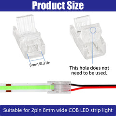 Bothfox 10 PCS 2 Pin COB LED Strip Connectors Soldless with 16.4ft Extension Cable 22 AWG Stable Connection 5m Wire Connectors Adapter for Waterproof LED Strip Lights Width 8mm