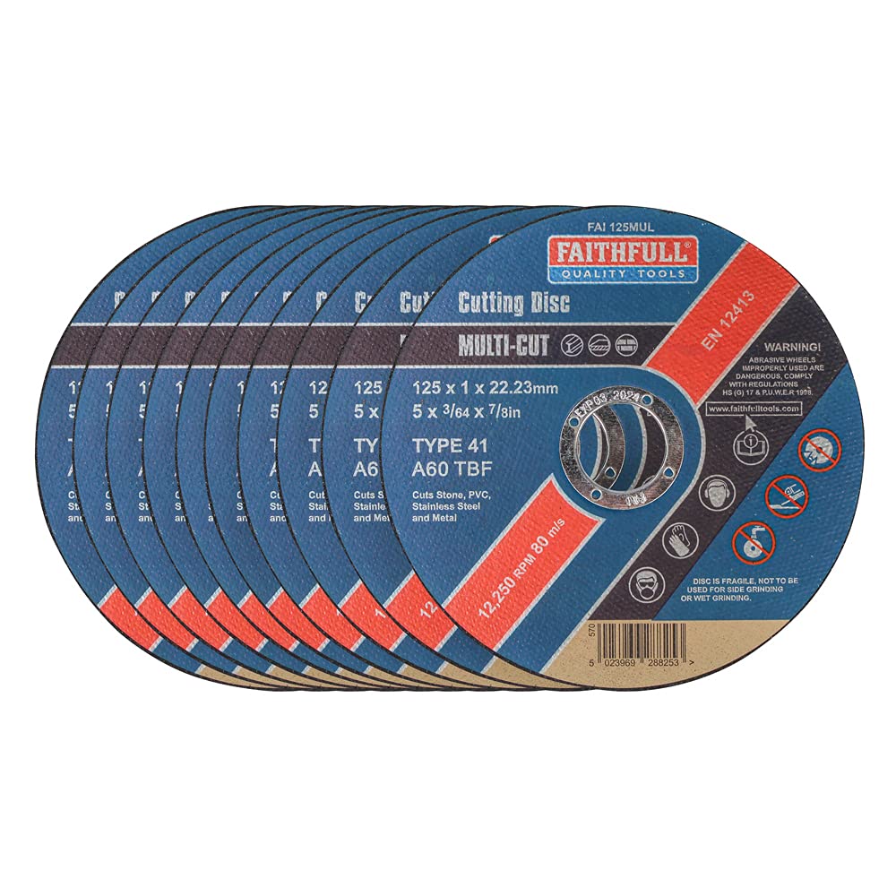 Faithfull FAI12510MUL Extra Thin (1 mm) Fast Cut Cutting Discs 125 mm x 1 mm x 22 mm (5 Inch) 10 Pack with Storage Tin