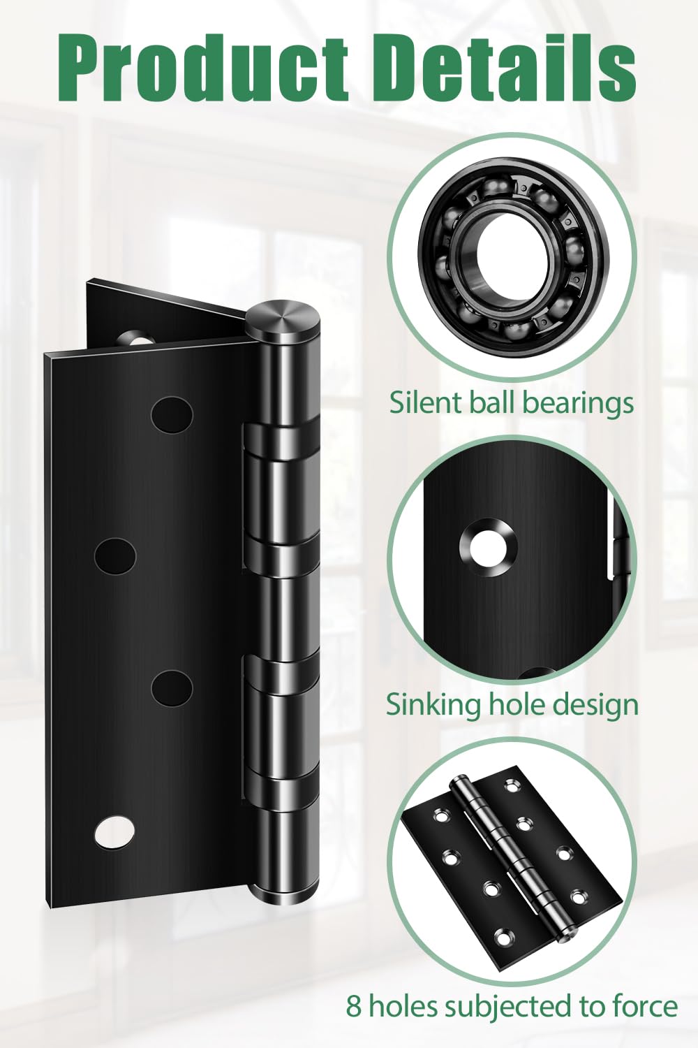 Heavy Duty Door Hinges Black 4 Inch (100mm), Bolatus Heavy Duty Ball Bearing Hinges Stainless Steel Door Hinge for Wooden Doors(1Pairs)