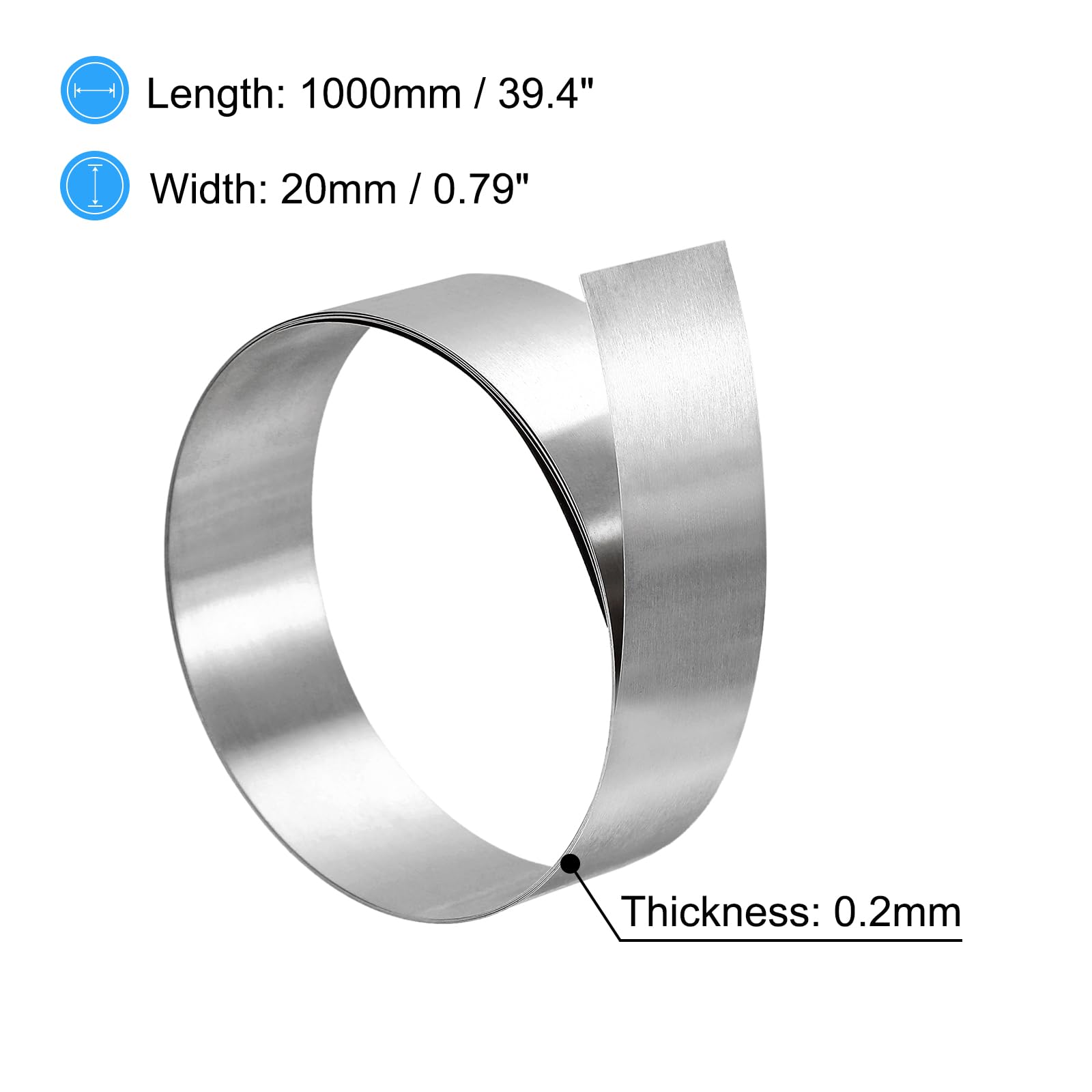 sourcing map 304 Stainless Steel Foil Roll，0.2mm x 20mm x 1M Polished Finish Metal Strip Plate Sheet for Crafts, Electronic Equipment, Silver Tone 2pcs